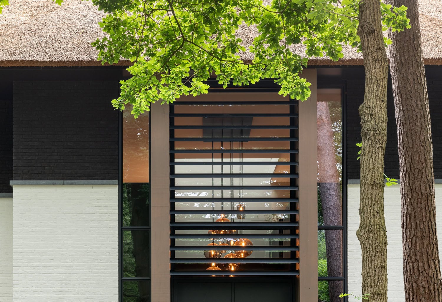 Houten gevel met moderne open haard, omringd door groene bomen, voor een stijlvolle en gezellige bui.