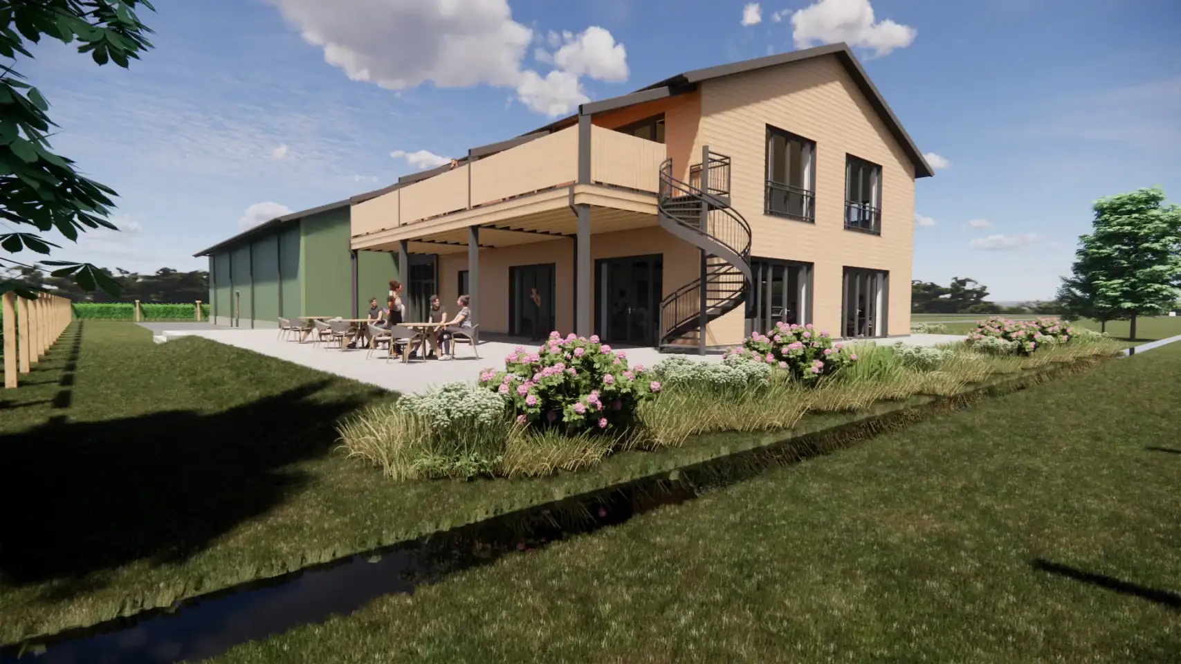 Moderne woning met terras en tuin, ontworpen door JCVANKESSEL BOUW.
