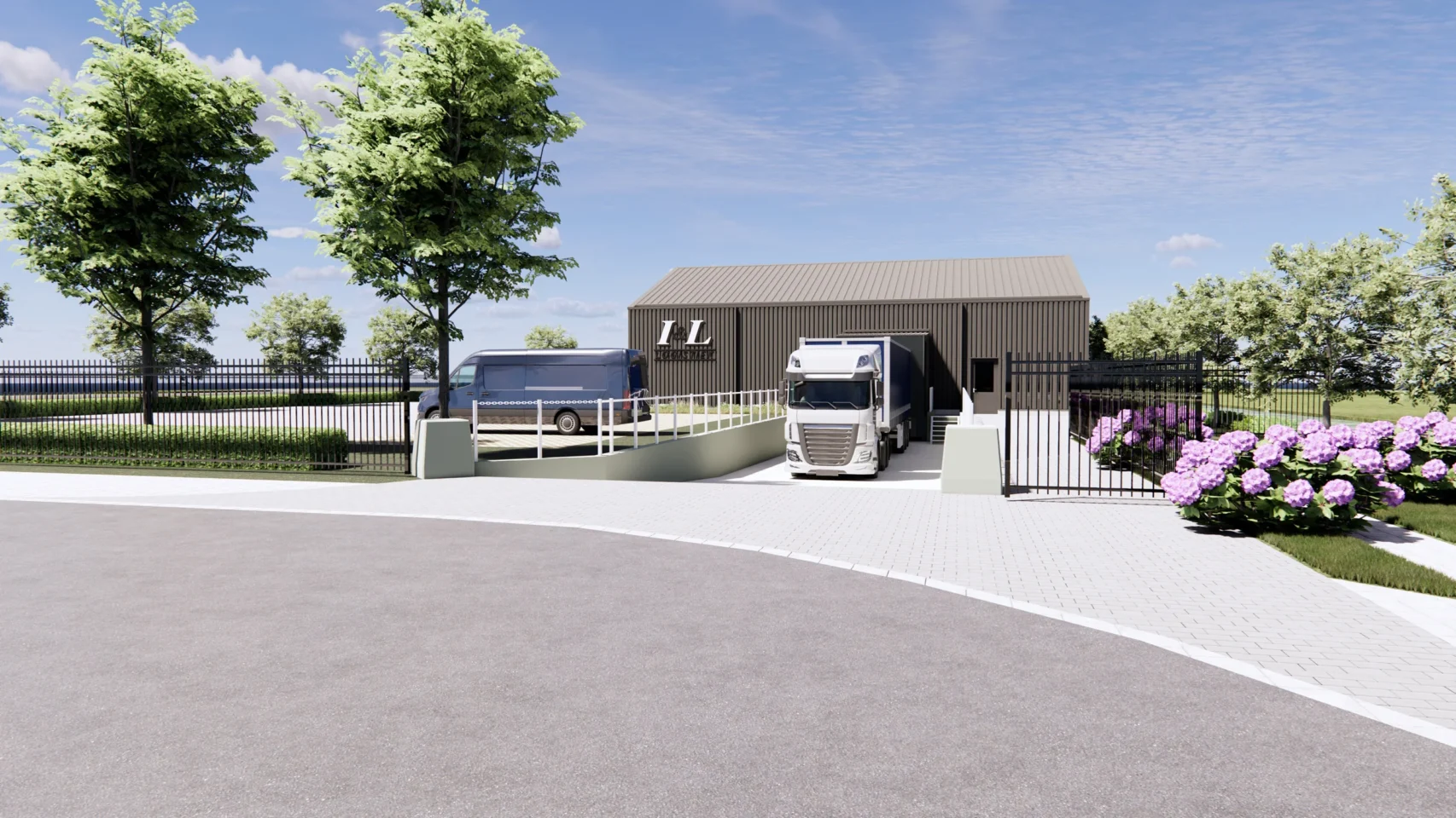 3D-impressie van de laadkuil bij de stadshub van I&L Logistiek, waar vrachtwagens diepvriesproducten kunnen lossen.