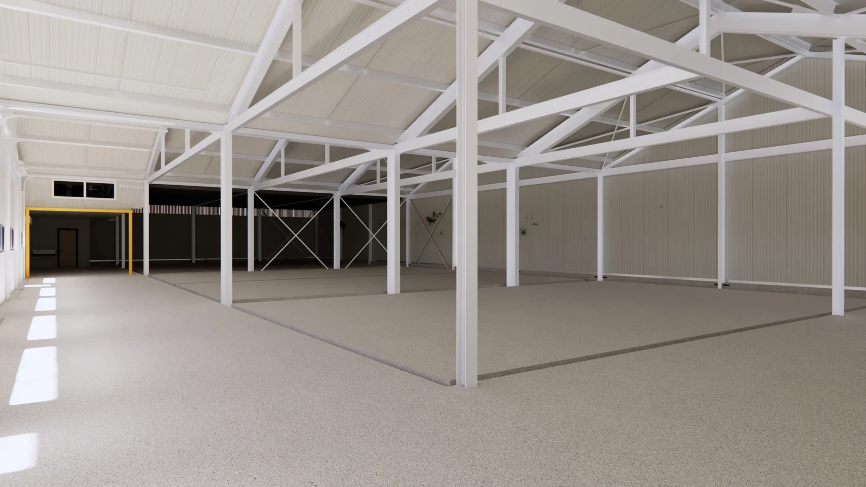 3D-impressie van de opslagruimte in de stadshub van I&L Logistiek met witte staalconstructie en ruimte voor vijf vriescellen.