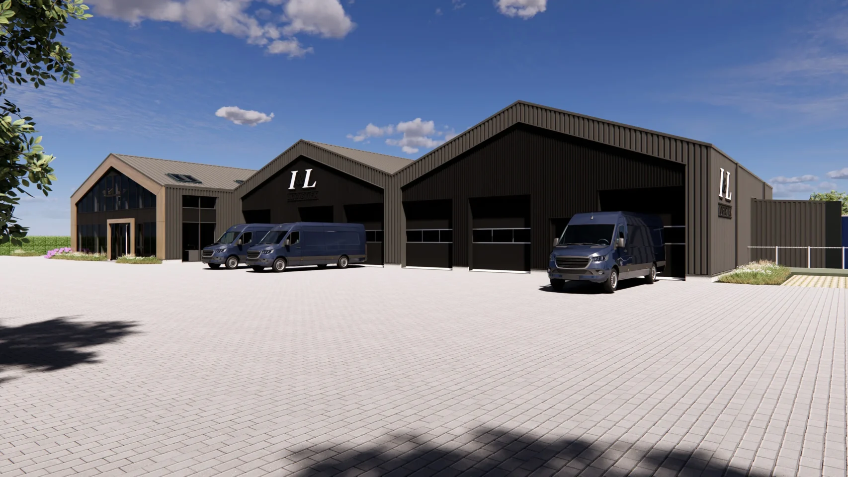 3D-impressie van de logistieke stadshub van I&L Logistiek in De Meern met donkere gevelbekleding, schuine daklijnen en elektrische transportbussen.