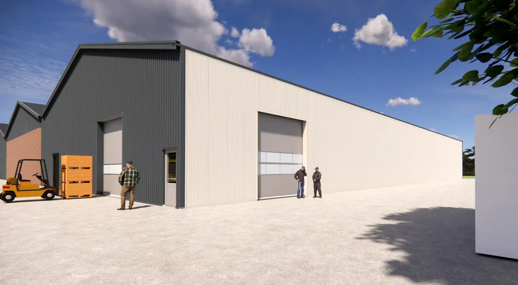 Moderne industriÃ«le bouw met grote deuren en minimalistisch design.
