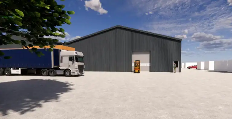 Moderne opslagloods met grote deuren en vrachtwagen voor logistiek.