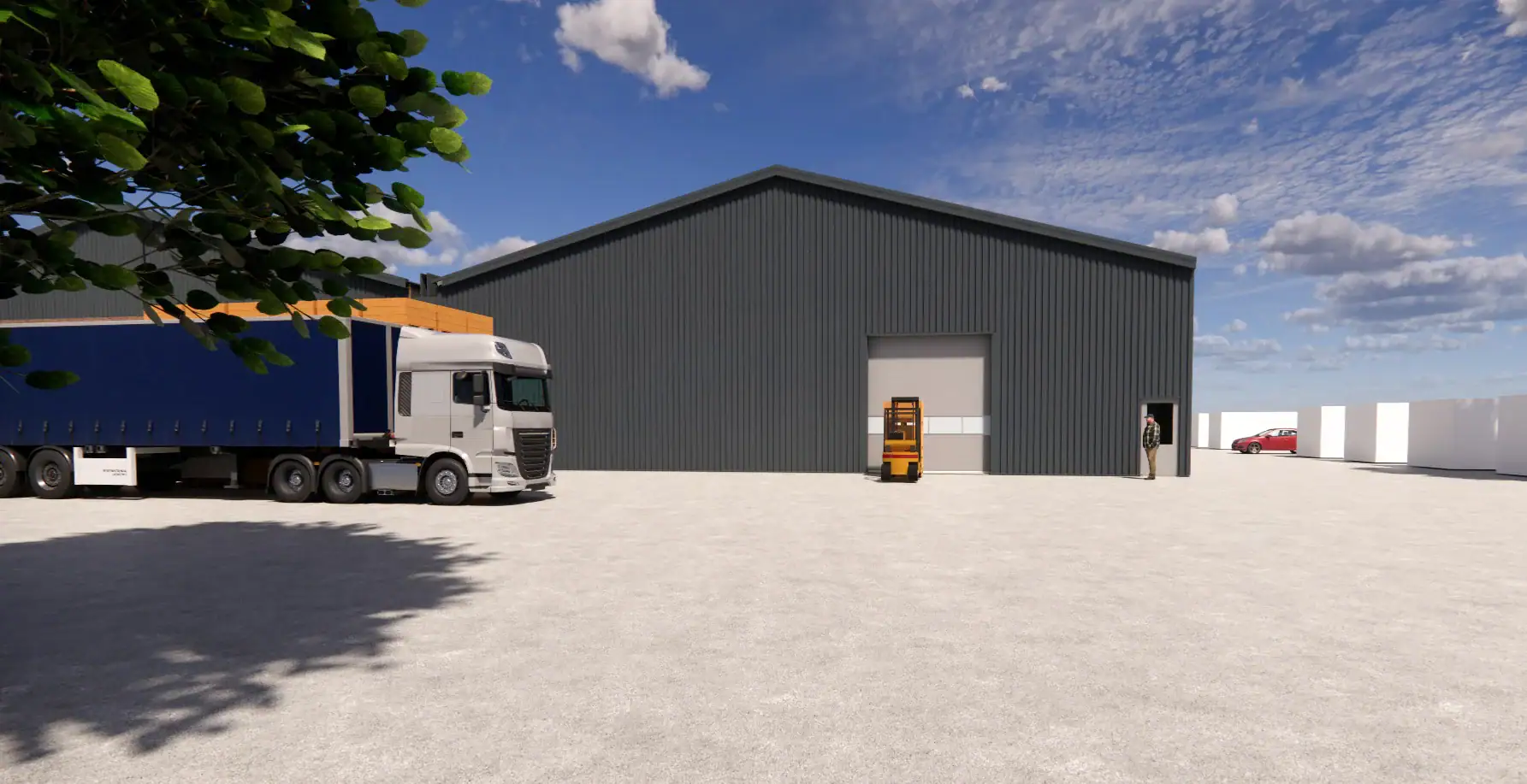 Moderne opslagloods met grote deuren en vrachtwagen voor logistiek.