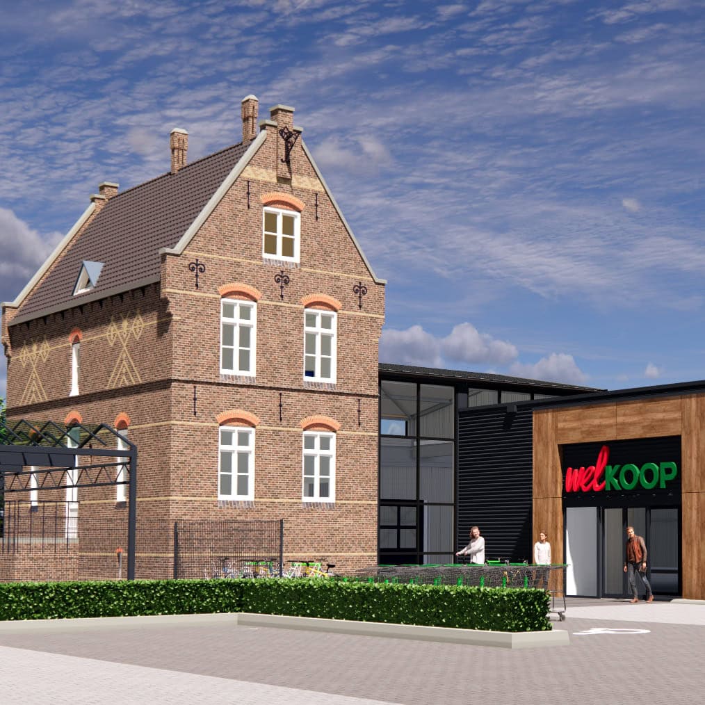 Modern gebouw naast een oud herenhuis in een architectonisch project.
