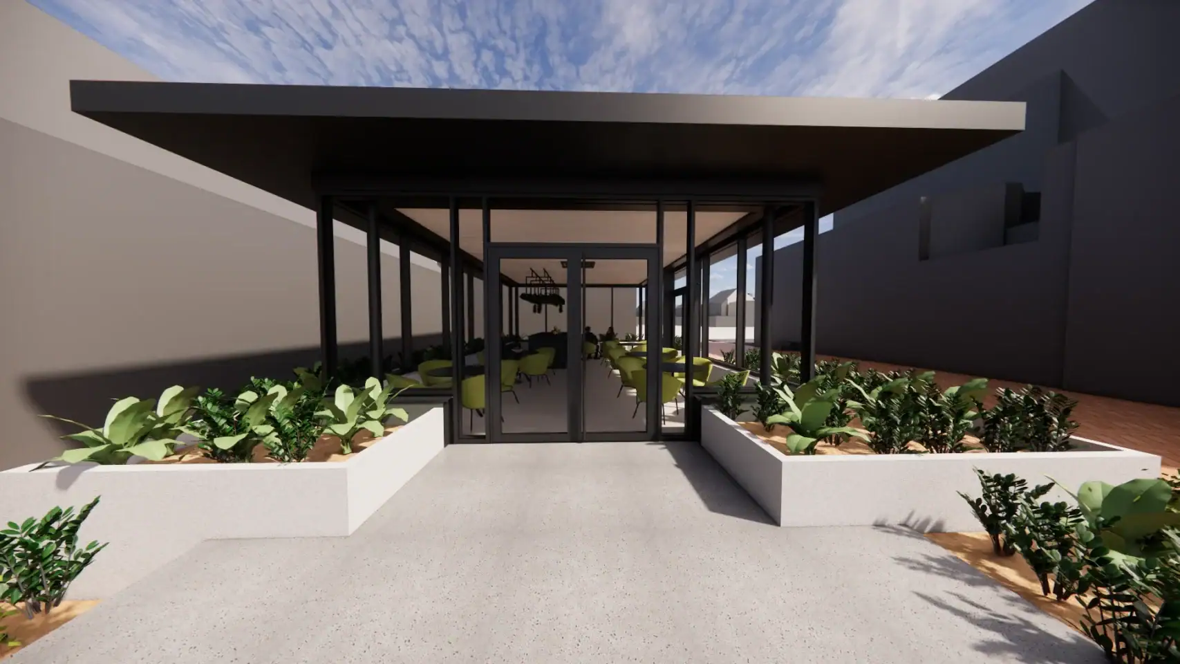 Moderne architectuur met tuin en overkapping, strakke lijnen en groene planten.