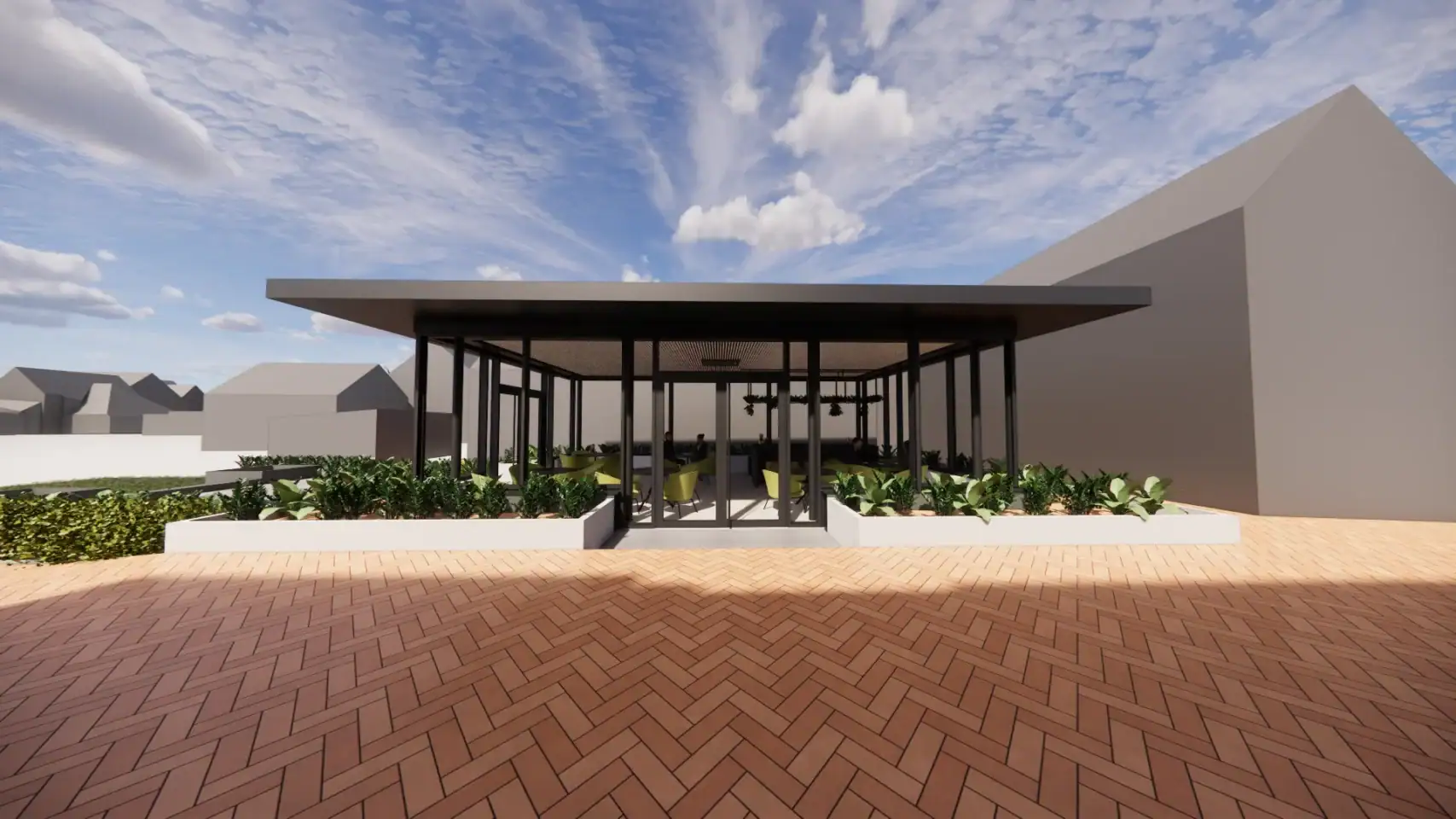 Moderne architectuur met overkapping en tuin, ontworpen door JCVANKESSEL BOUW.