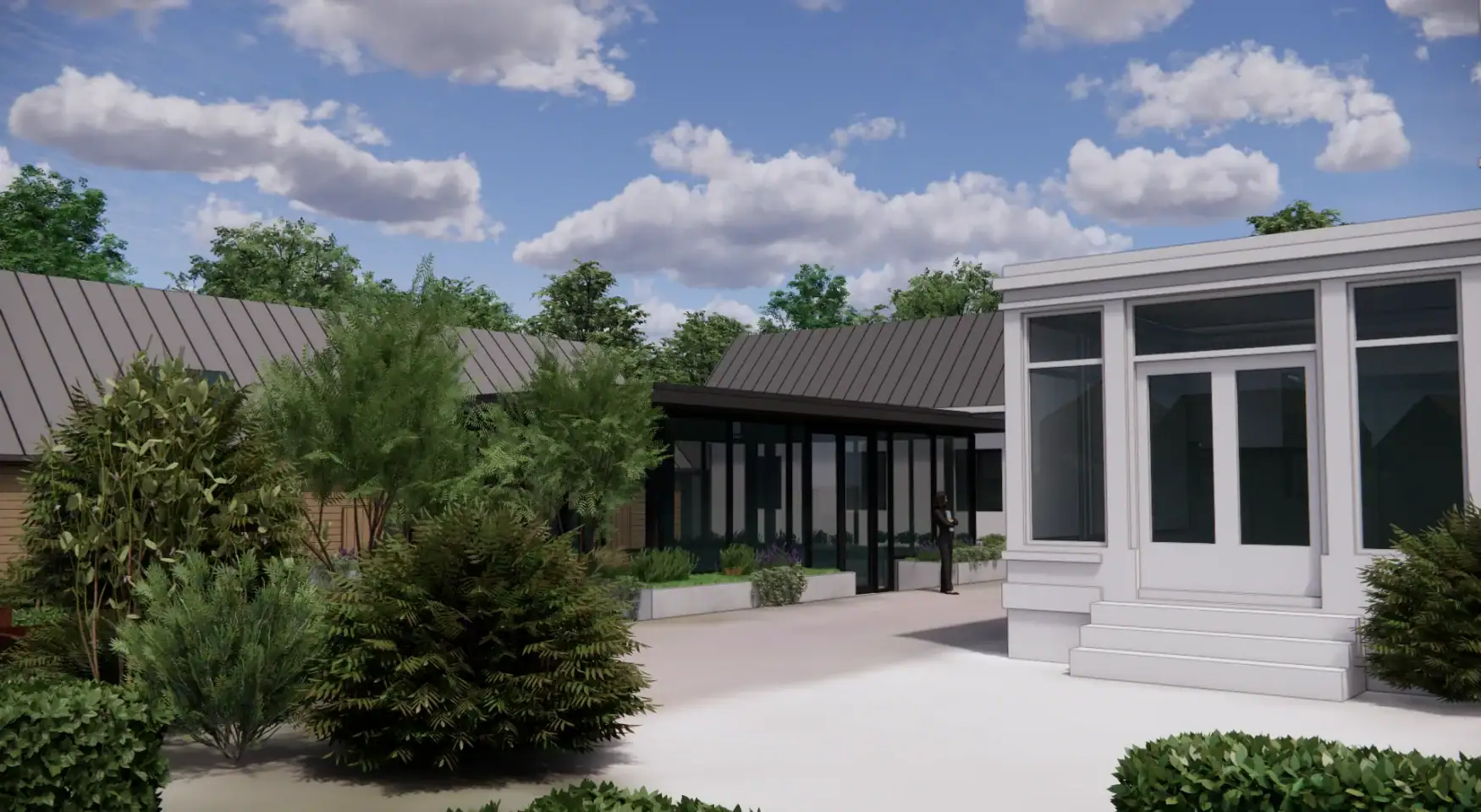 Moderne woning met grote ramen en groene tuin, ontworpen door JCVANKESSEL BOUW.