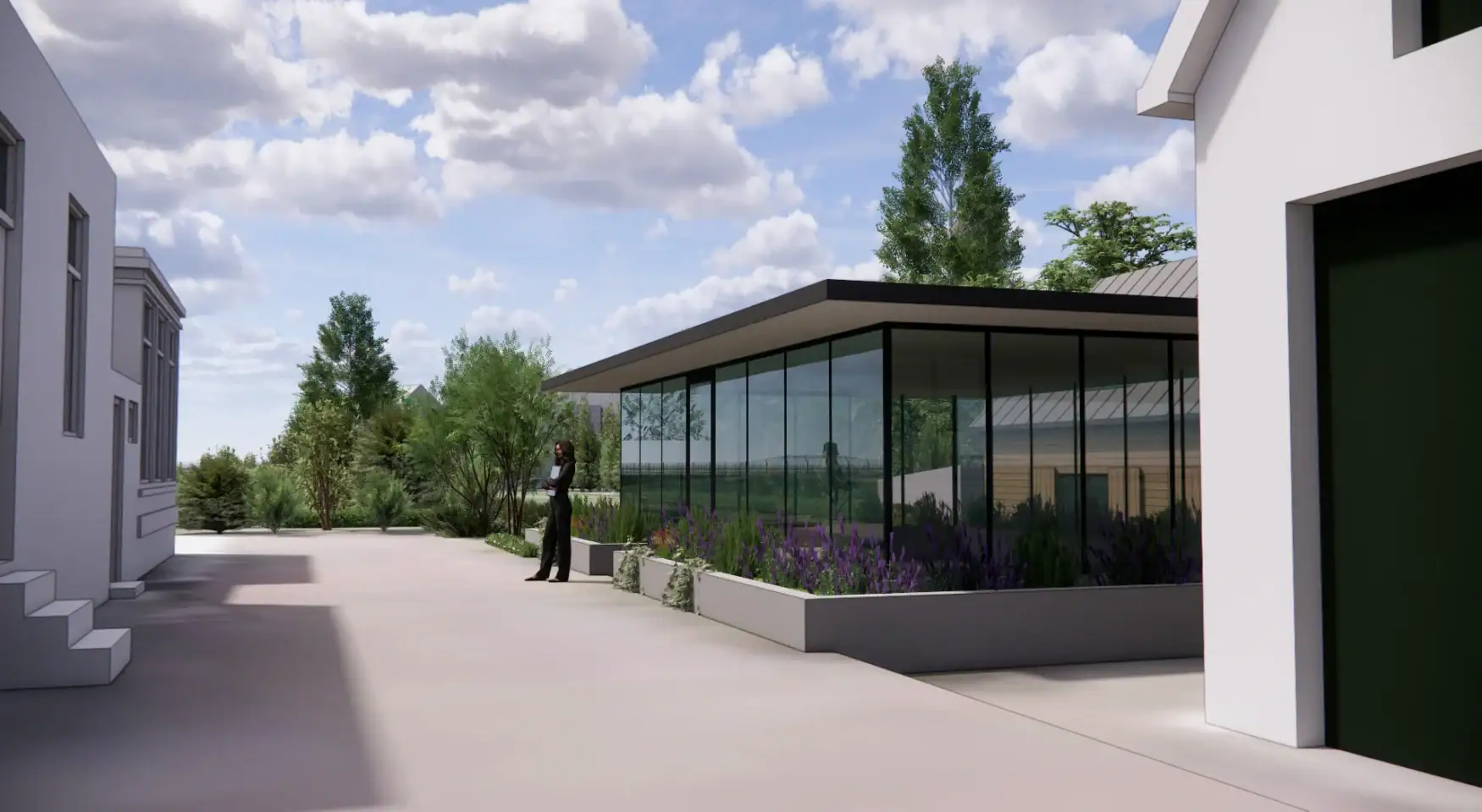 Moderne glazen serre met tuin en omringende gebouwen.