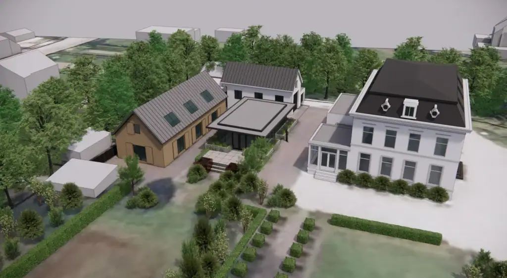 Ontwerp paviljoen ingepast tussen de bestaande gebouwen van Xenox Music & Media