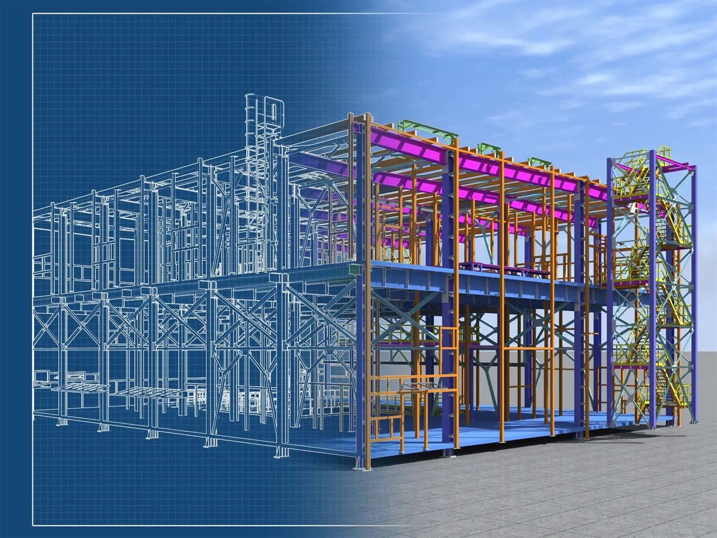 Moderne bouwconstructie met kleurrijke stalen structuur.
